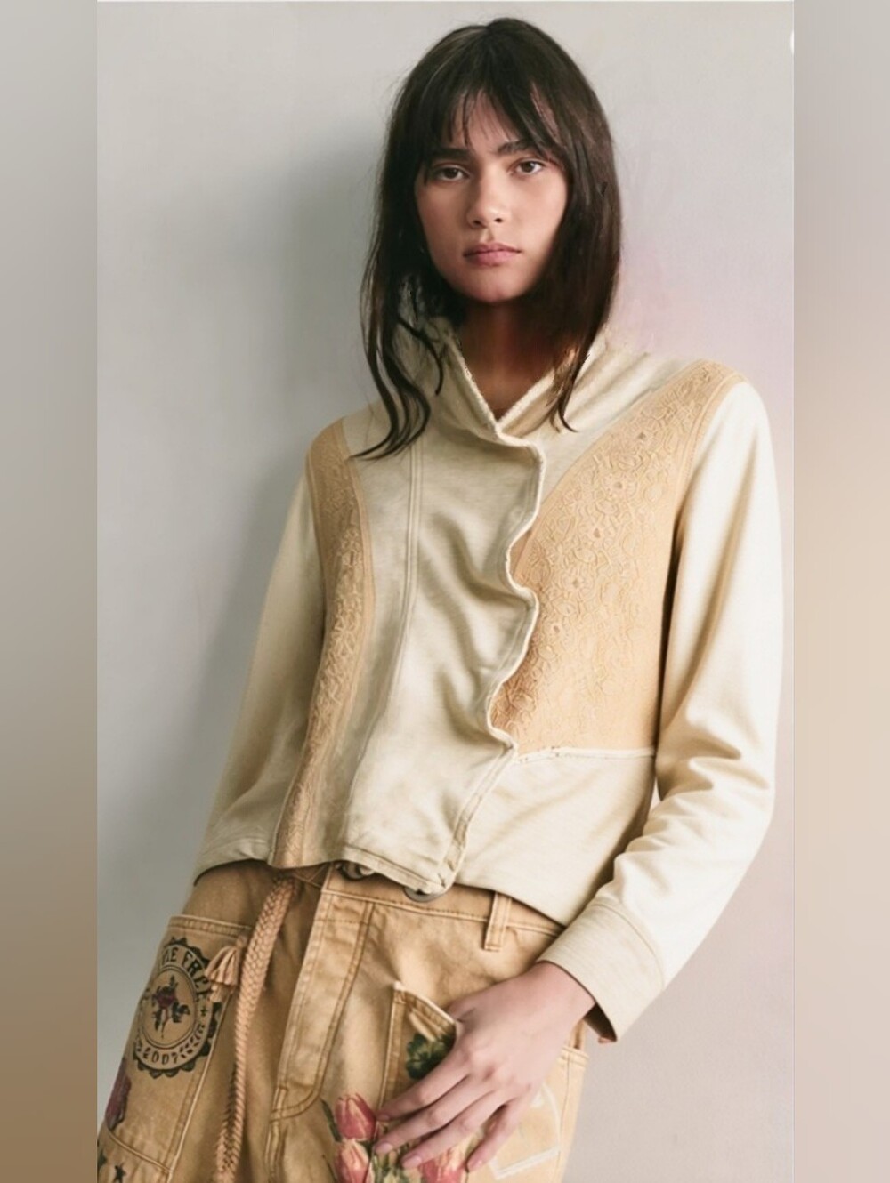 Free People Clementine Cream Hooded Lace  Inset Cardigan Sweatshirt